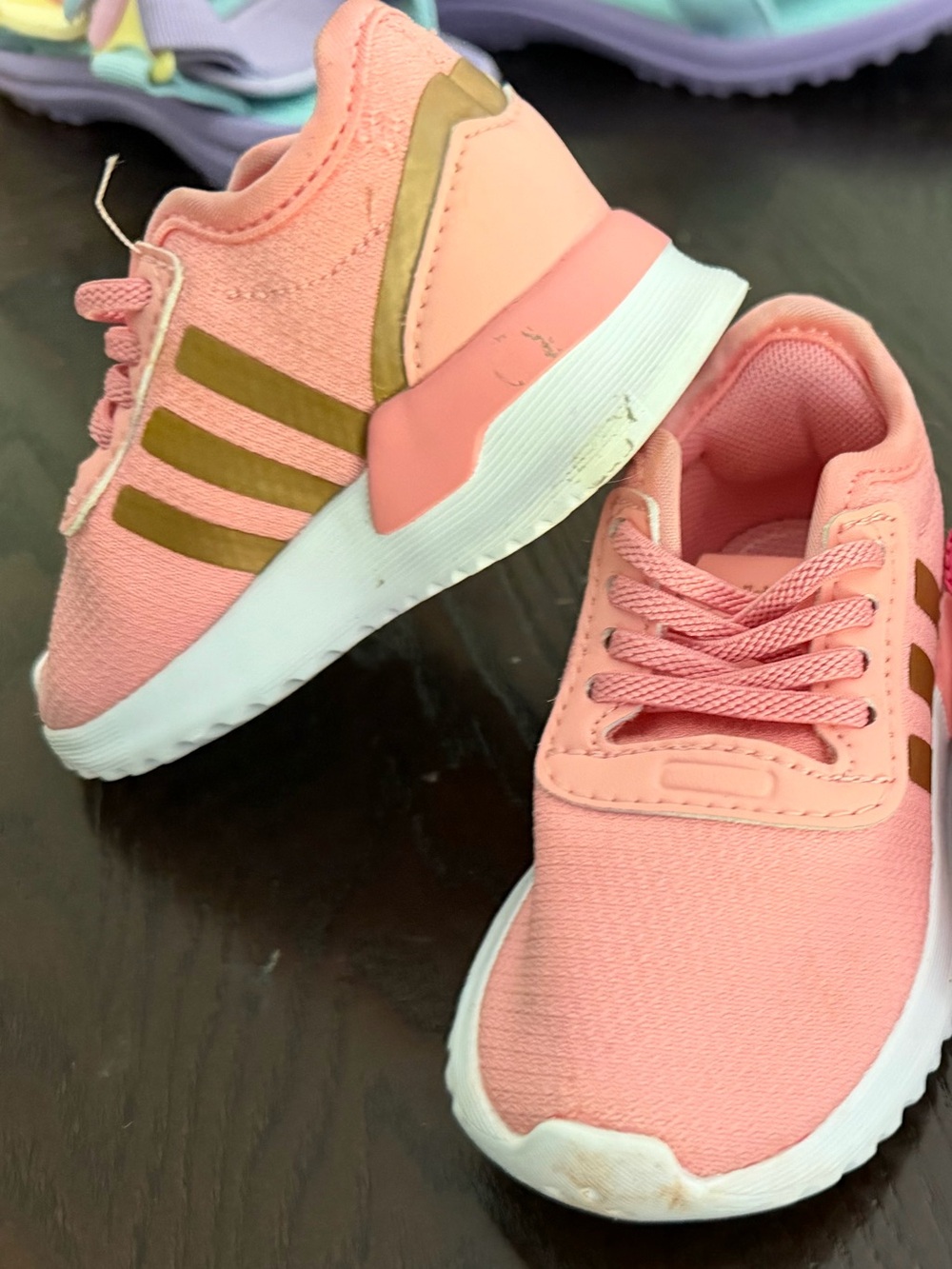 Adidas Pink Kids Sneakers with Gold Stripes